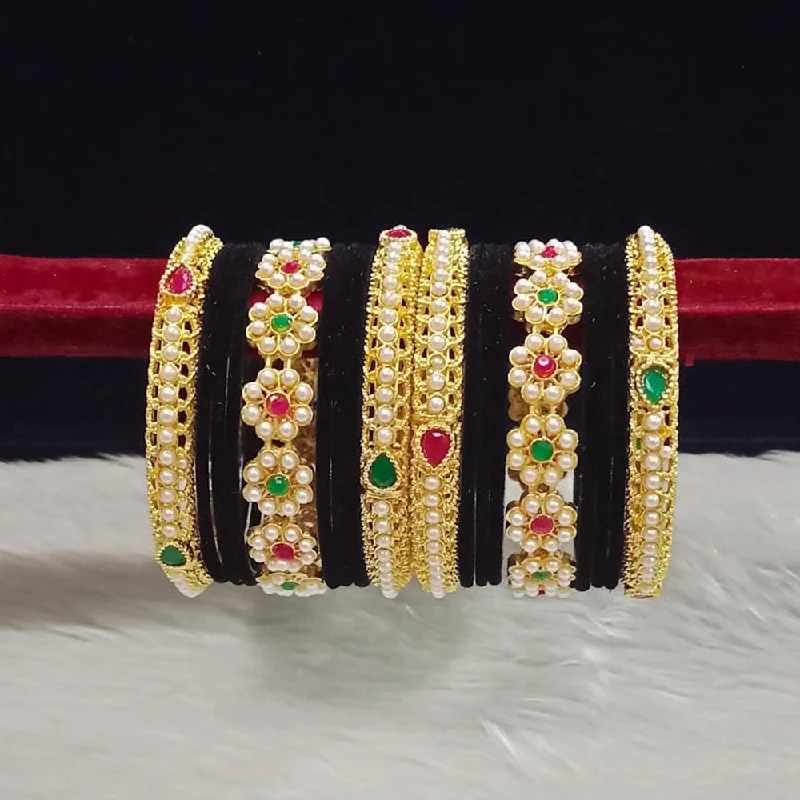 emerald-cut ladies bracelet-Pooja Bangles Gold Plated Pota Stone And Pearls Velvet Bangles Set