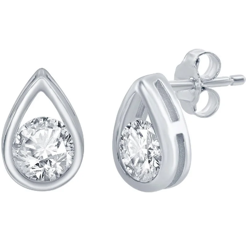 spiral twist ladies earrings-Classic Women's Earrings - Silver Pearshaped with Round White Topaz Stud | D-8162