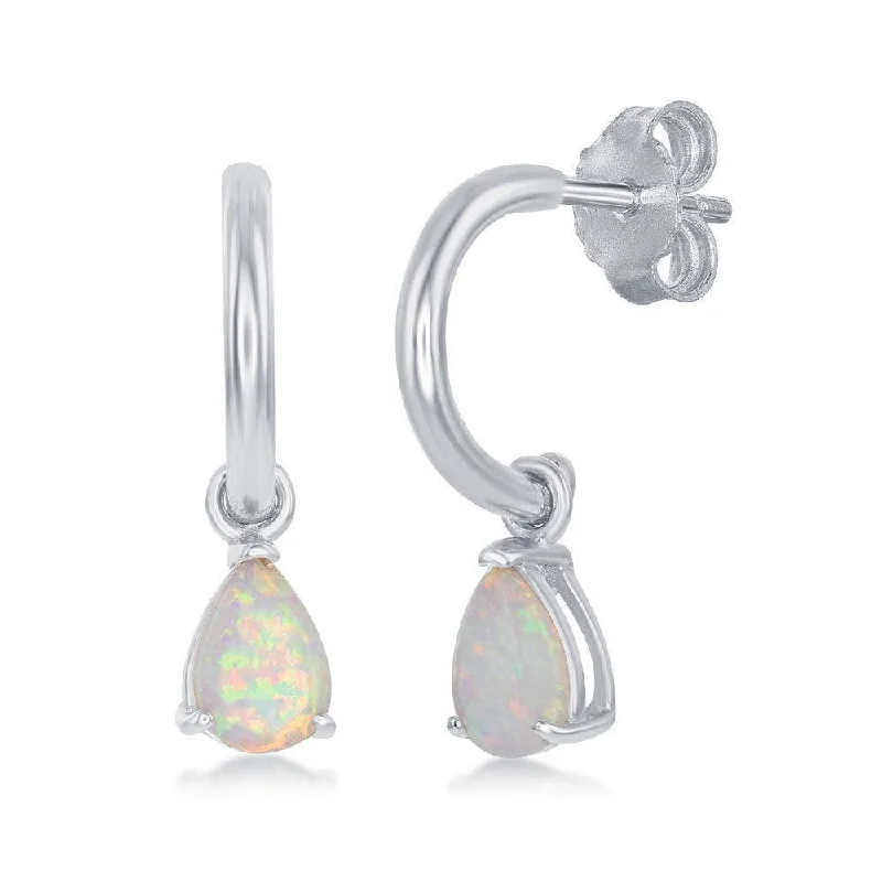 ruby ladies earrings-Sterling Silver Pear-Shaped White Inlay Opal Open Hoop Earrings