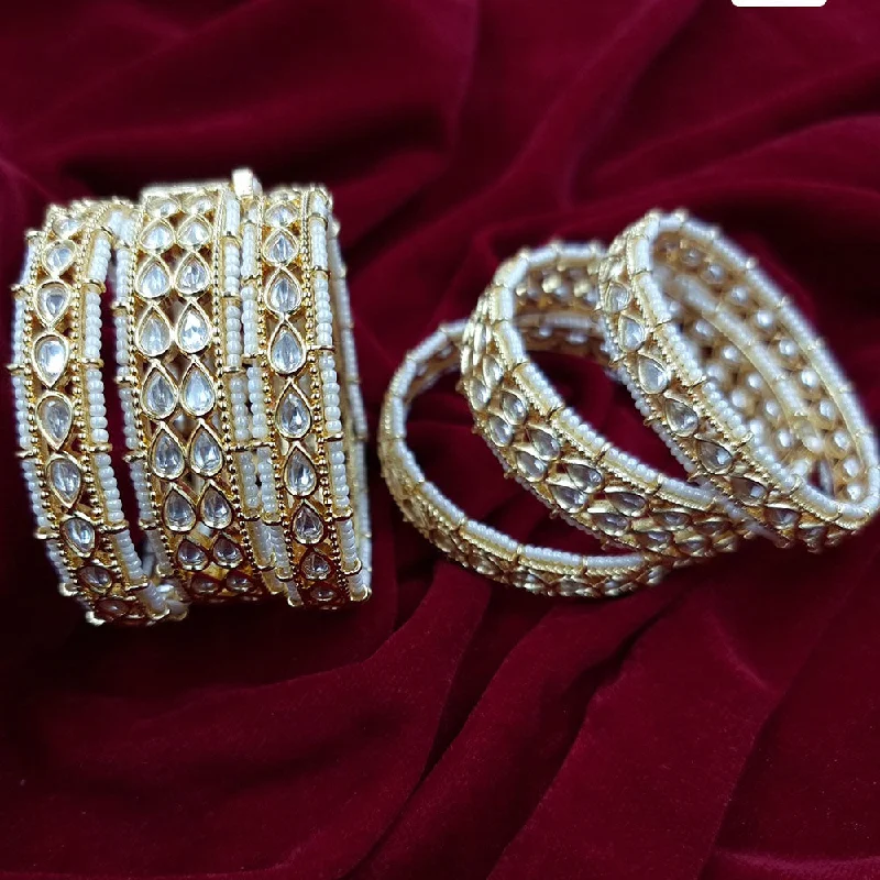 minimalist charm ladies bracelet-JCM Gold Plated Kundan And Pearl Bangles Set