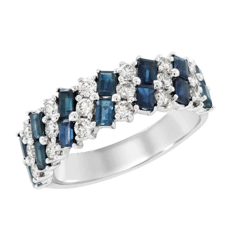 blue topaz ladies ring-WHITE GOLD FASHION RING WITH EMERALD CUT SAPPHIRES AND ROUND DIAMONDS, .69 CT TW