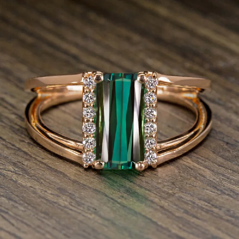 modern geometric engagement ring for women-BLUE GREEN TOURMALINE NATURAL DIAMOND RING MODERN COCKTAIL ROSE GOLD SPLIT SHANK