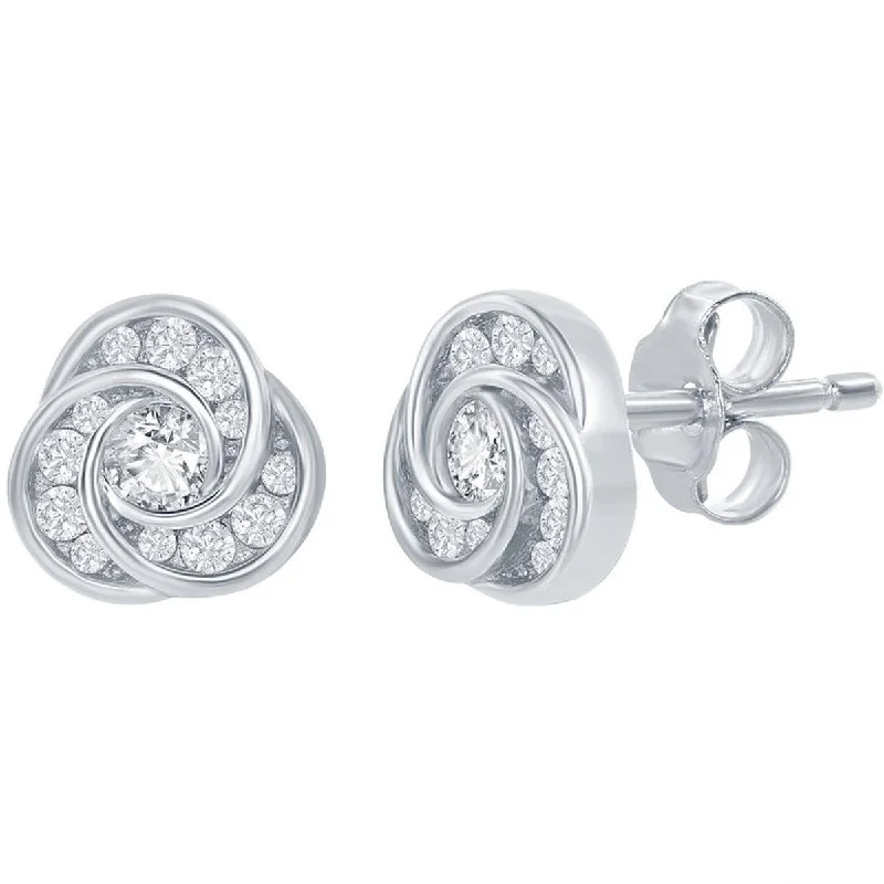 eco-friendly ladies earrings-Classic Women's Earrings - Sterling Silver Love Knot Design White CZ Stud | D-7881