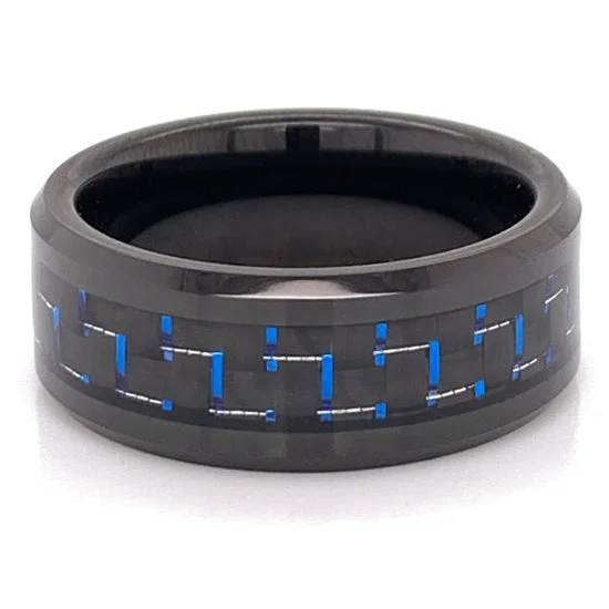 blue topaz ladies ring-Black With Blue Accents Tungsten Comfort Fit Ring / TGR1020