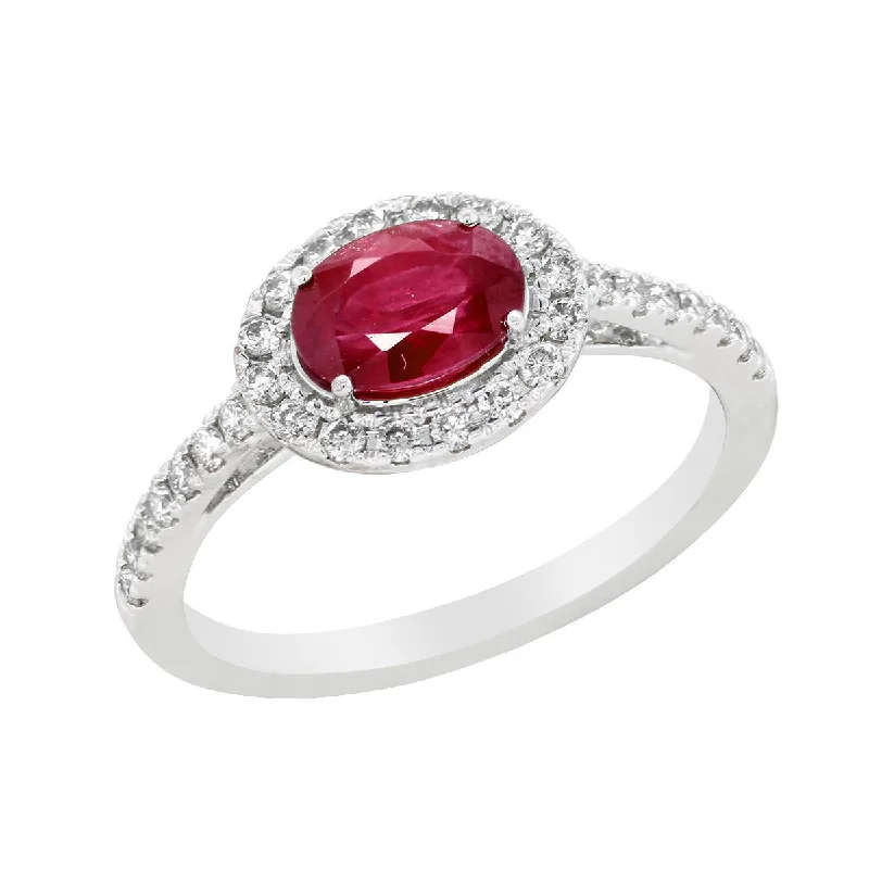 floral design ladies ring-WHITE GOLD FASHION RING WITH OVAL RUBY AND DIAMOND HALO, .33 CT TW