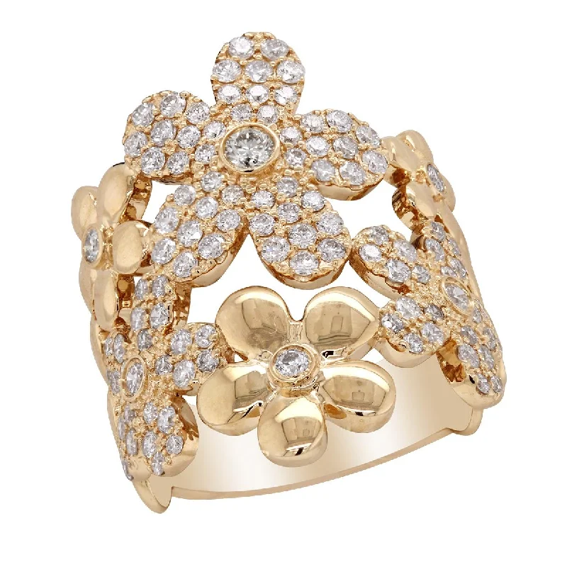 designer brand ladies ring-YELLOW GOLD FASHION RING WITH FLORAL DESIGNS AND 106 ROUND CUT DIAMONDS, 1.31 CT TW