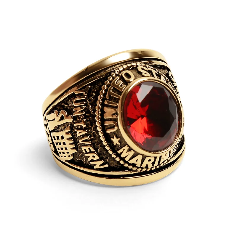 handcrafted ladies ring-18K Gold PVD Stainless Steel Red Stone United States Marines Ring / MCR6002