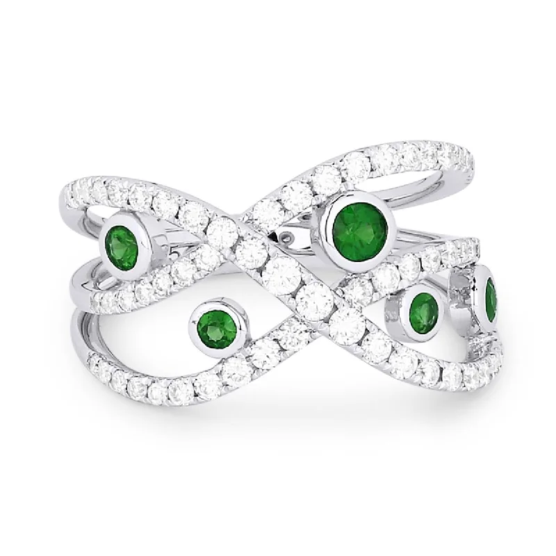 custom name ladies ring-WHITE GOLD FASHION RING WITH DIAMONDS AND EMERALDS, .65 CT TW