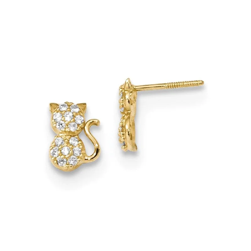 celestial theme ladies earrings-Madi K Kid's 14k  Polished CZ Sitting Cat Screwback Post Earrings