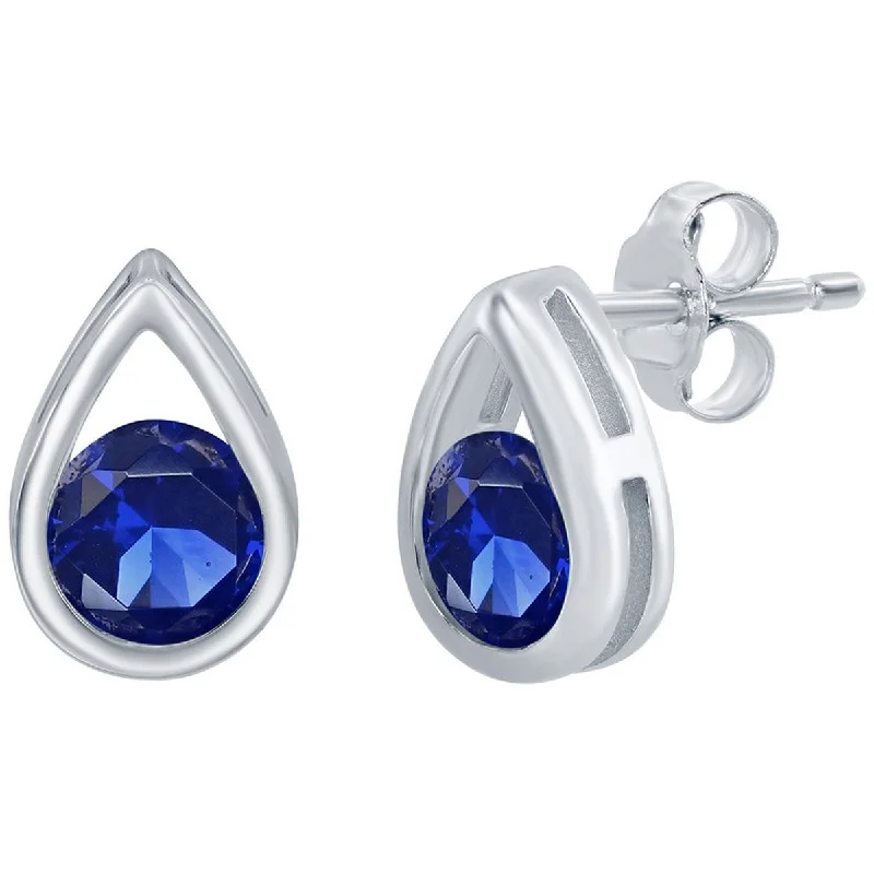 antique finish ladies earrings-Classic Women's Earrings - Pearshaped with Round Created Sapphire Stone Stud | D-8166