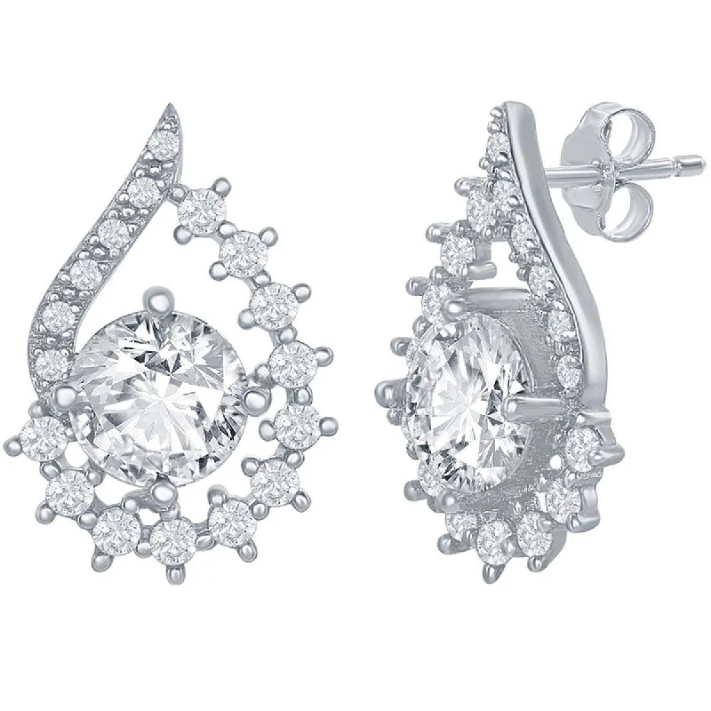 angel wing ladies earrings-Classic Women's Earrings - Sterling Silver Round White CZ Stone Pearshape | D-7772