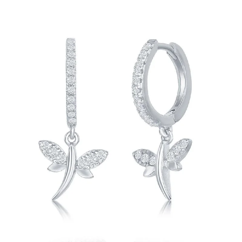 small hoop ladies earrings-Sterling Silver Huggie Hoop CZ Dragonfly Earrings