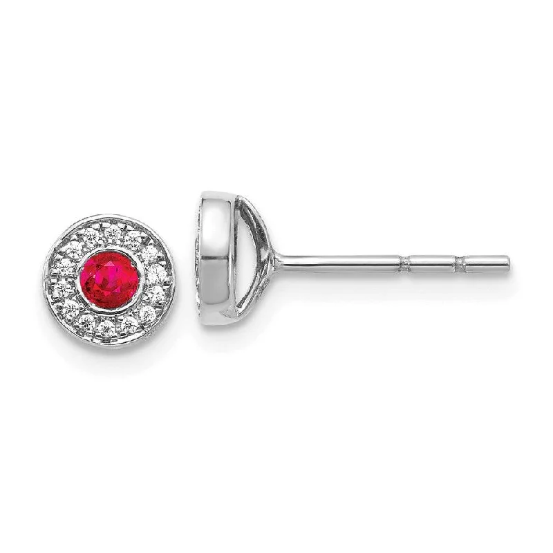 huggie ladies earrings-14k White Gold Diamond and Ruby Post Earrings