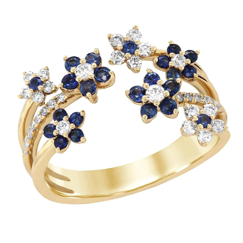 halo ladies ring-YELLOW GOLD FLORAL FASHION RING WITH SAPPHIRES AND DIAMONDS, .35 CT TW