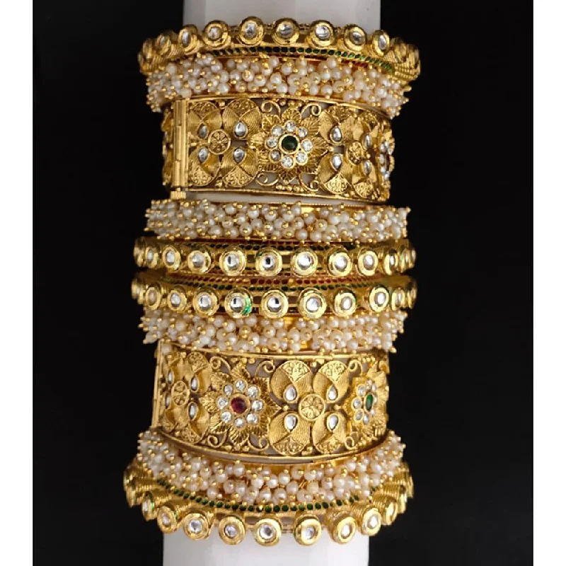 floral design ladies bracelet-Akruti Collection Gold Plated Pearl And Kundan Bangle Set