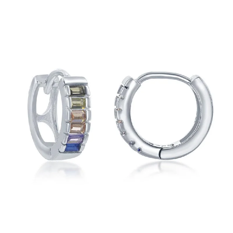 dangle ladies earrings-Sterling Silver  Half Center Channel Set Rainbow CZ Hoop Earrings