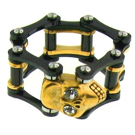 vintage-inspired ladies ring-Clear CZ Eyed 18K Gold PVD Coated Skull Black Bike Chain Stainless Steel Ring / SCR3096