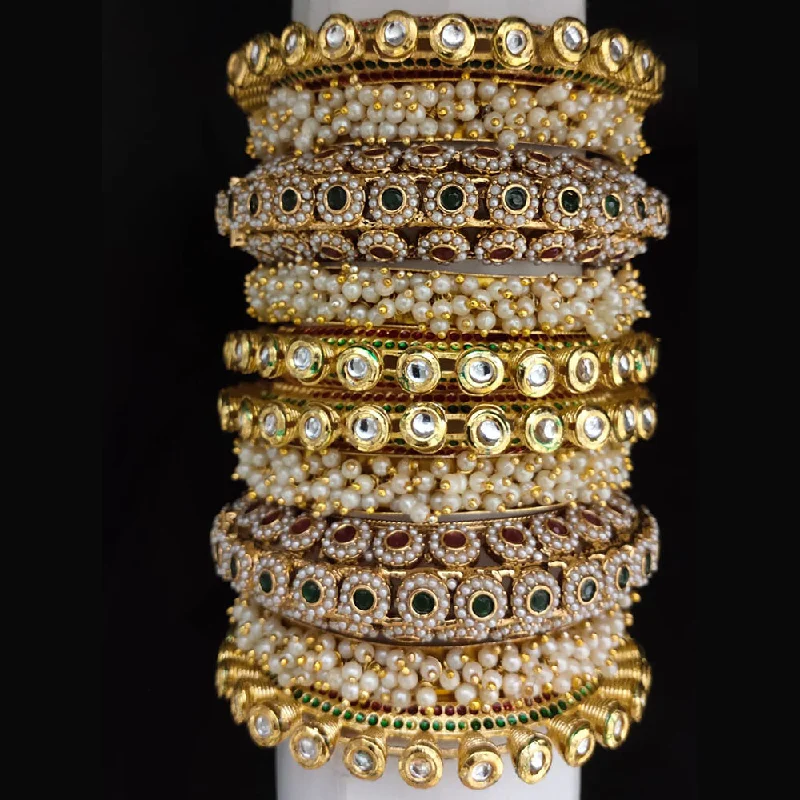 birth month flower ladies bracelet-Lucentarts Jewellery Gold Plated Kundan And Pearl Bangles Set