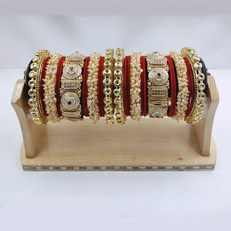 bridal stack ladies bracelet-Akruti Collection Gold Plated Kundan Stone And Pearl Meenakari Bangles Set