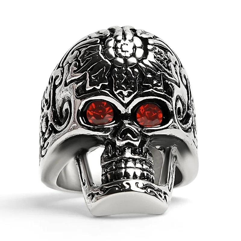 white gold ladies ring-Large Red CZ Eyed Detailed Skull Stainless Steel Ring / SCR4005