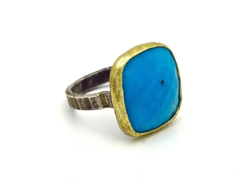 milgrain edge ladies ring-Natural Turquoise Cocktail Ring 14k Gold Bezel Sterling Silver Band