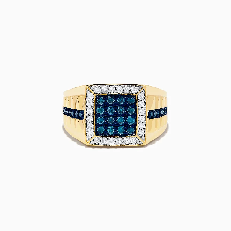 unique handcrafted engagement ring for women-Men's 14K Yellow Gold White and Blue Diamond Ring