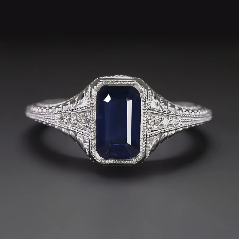 deep blue sapphire engagement ring for women-2ct VINTAGE STYLE SAPPHIRE DIAMOND RING EMERALD CUT 14k WHITE GOLD FILIGREE BLUE