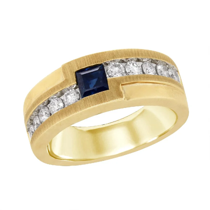 floral halo ladies ring-MEN'S YELLOW GOLD FASHION RING WITH SQUARE SAPPHIRE AND SIDE DIAMONDS, 5/8 CT TW