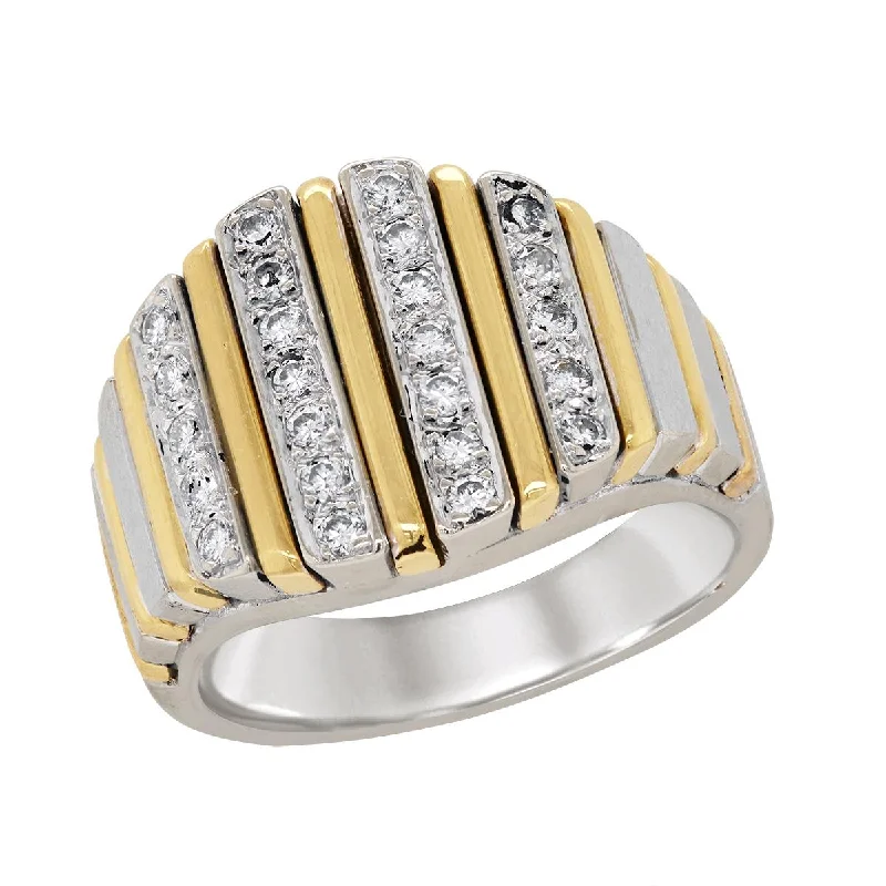 artistic handmade ladies ring-TWO-TONE GOLD MEN'S FASHION RING WITH VERTICAL ROWS OF DIAMONDS, 1/2 CT TW