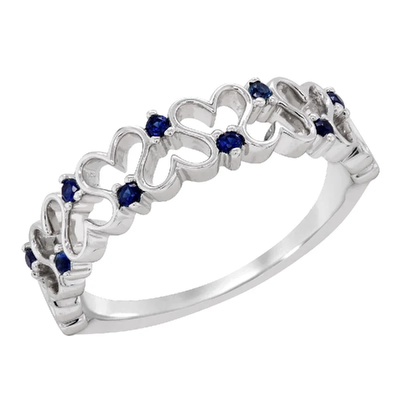 solitaire ladies ring-WHITE GOLD FASHION RING WITH HEART PATTERN AND 9 SAPPHIRES