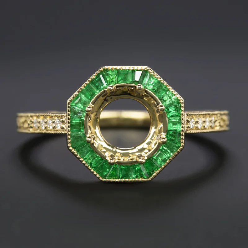 ruby engagement ring for women-VINTAGE STYLE EMERALD DIAMOND RING SETTING 14k GOLD SEMI MOUNT TARGET ART DECO