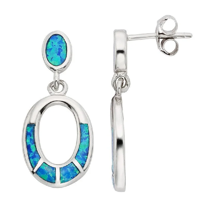 birthstone ladies earrings-Sterling Silver Blue Inlay Opal Open Oval Earrings