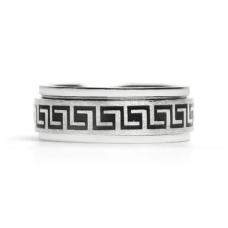 cathedral setting ladies ring-Black Greek Key Spinner Center Polished Stainless Steel Ring / SRJ2056