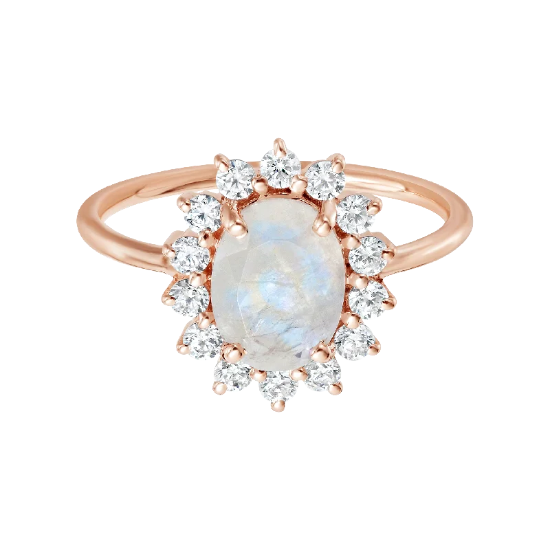 blue topaz ladies ring-Rose Gold Rainbow Moonstone & Diamond Clarissa Ring