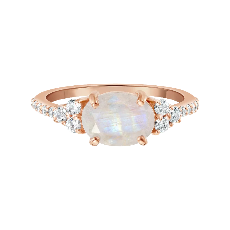 trillion-cut ladies ring-Rose Gold Rainbow Moonstone & Diamond Isla Ring