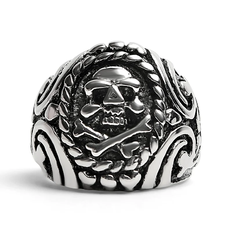 statement ladies ring-Polished Skull And Crossbones With Ocean Pattern Stainless Steel Ring / SCR1001