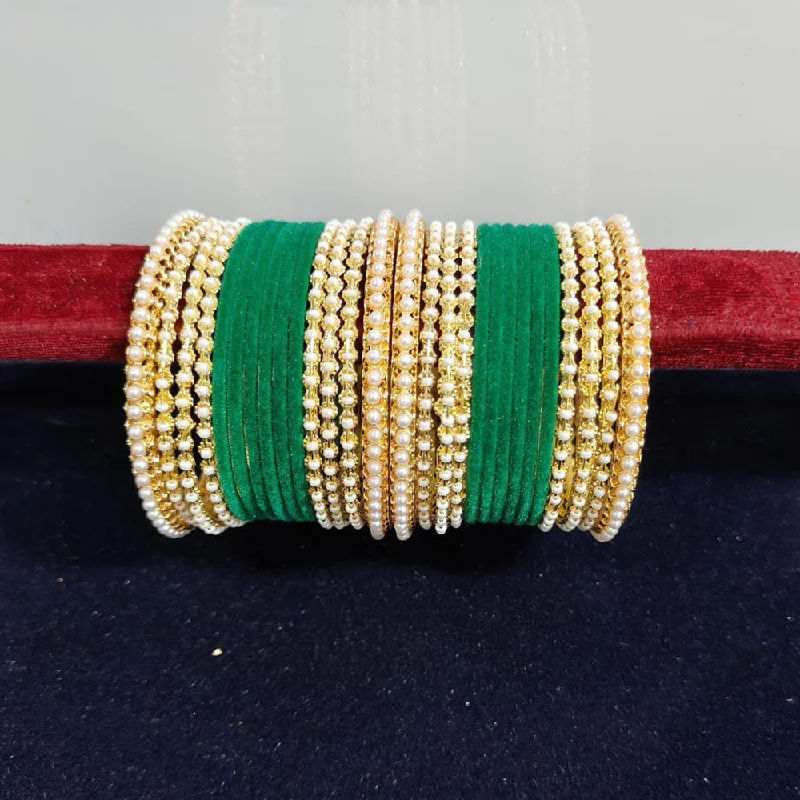 fashion jewelry ladies bracelet-Pooja Bangles Gold Plated Pearls Velvet Bangles Set