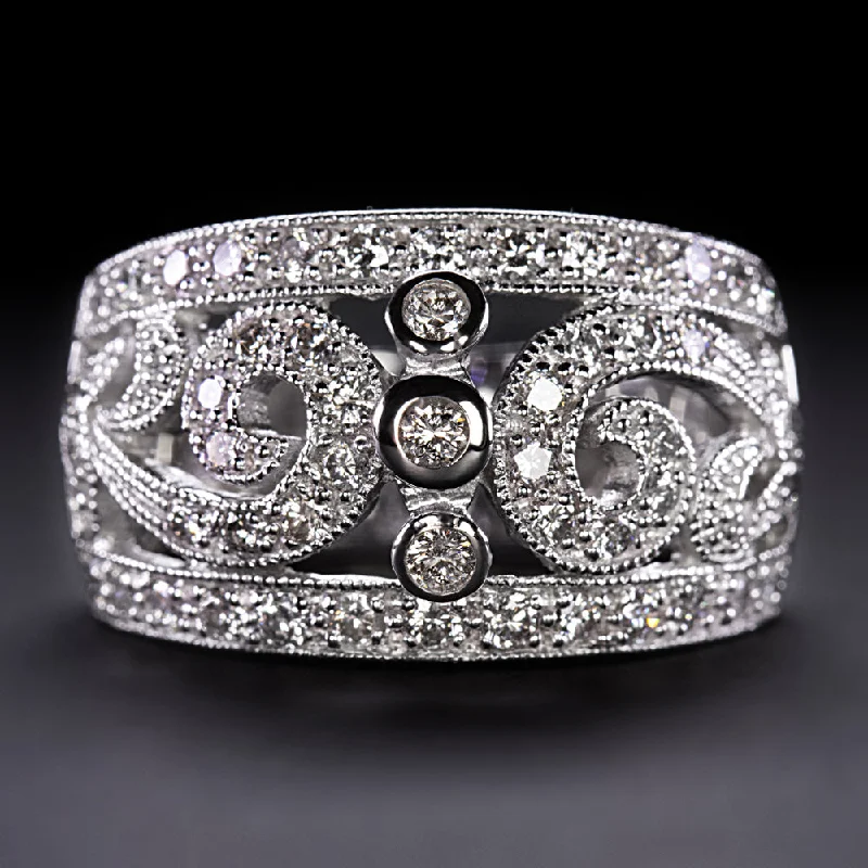 unique handcrafted engagement ring for women-VINTAGE STYLE 0.90ct NATURAL DIAMOND RING WIDE COCKTAIL BAND 9.9g 14k WHITE GOLD