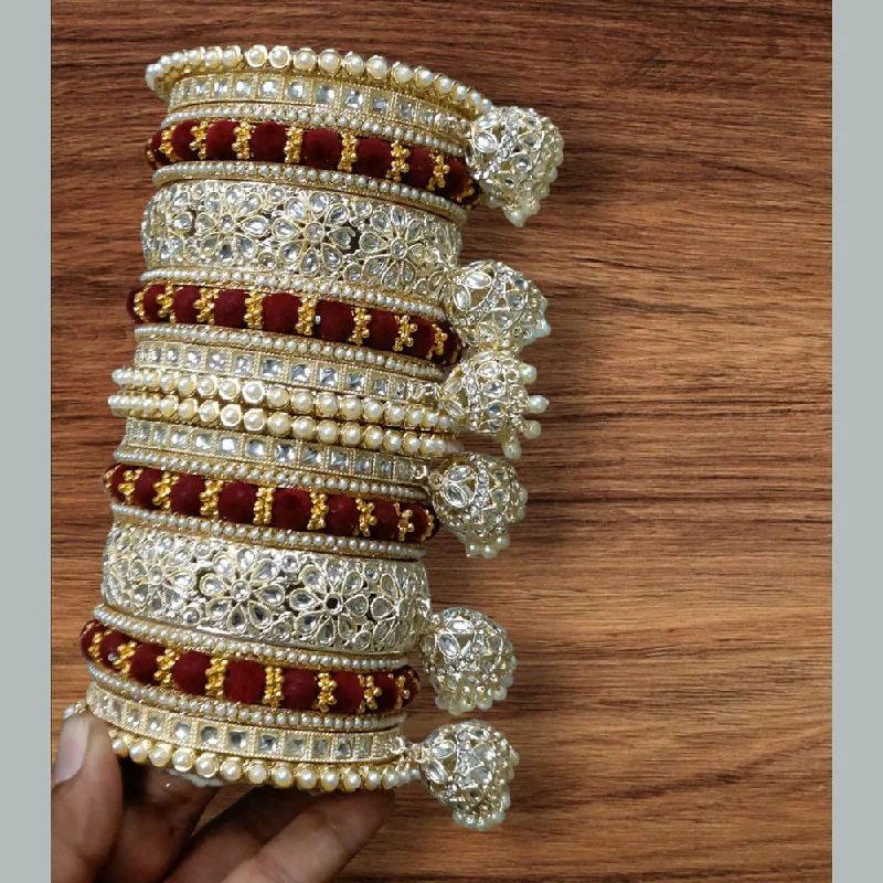 eco-friendly ladies bracelet-Shagna Gold Plated Pearl And Kundan Stone Bangles Set