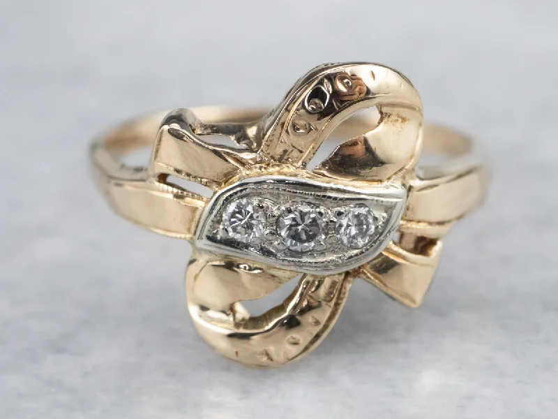 two-piece wedding set engagement ring for women-Retro Gold Bow Diamond Ring