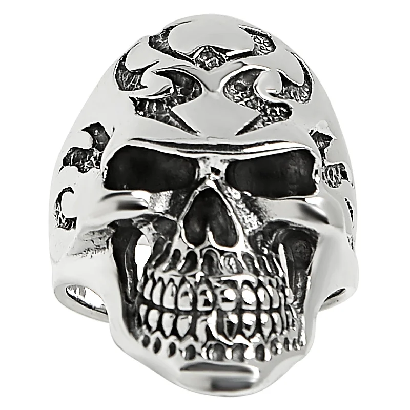 marquise-cut ladies ring-Sterling Silver Flaming Skull Ring / SSR0026