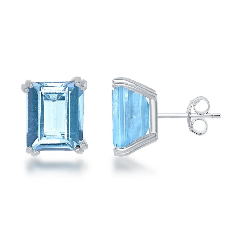 double dangle ladies earrings-Sterling Silver Rectangle Blue Topaz Stud Earrings