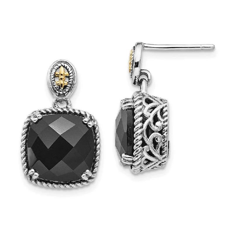 nature-inspired ladies earrings-Sterling Silver w/14k Onyx Dangle Post Earrings