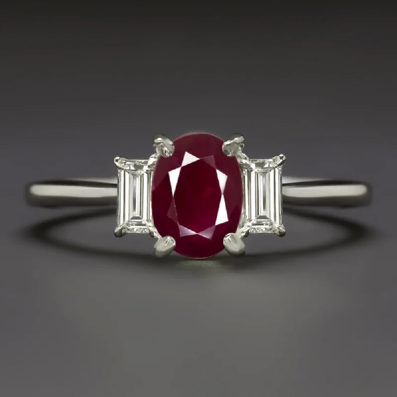 artistic sculptural engagement ring for women-1.60ct NATURAL RUBY DIAMOND RING OVAL SHAPE THREE STONE 14k WHITE GOLD COCKTAIL