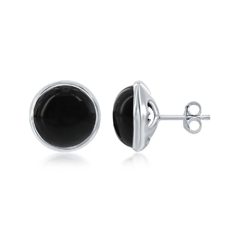 wedding bridal ladies earrings-Sterling Silver Round Onyx Bezel Set Stud Earrings