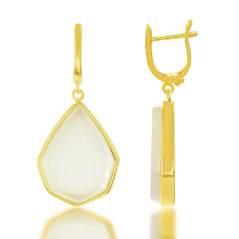 handmade ladies earrings-Sterling Silver GP Nude Yellow Cat's Eye Teardrop Earrings