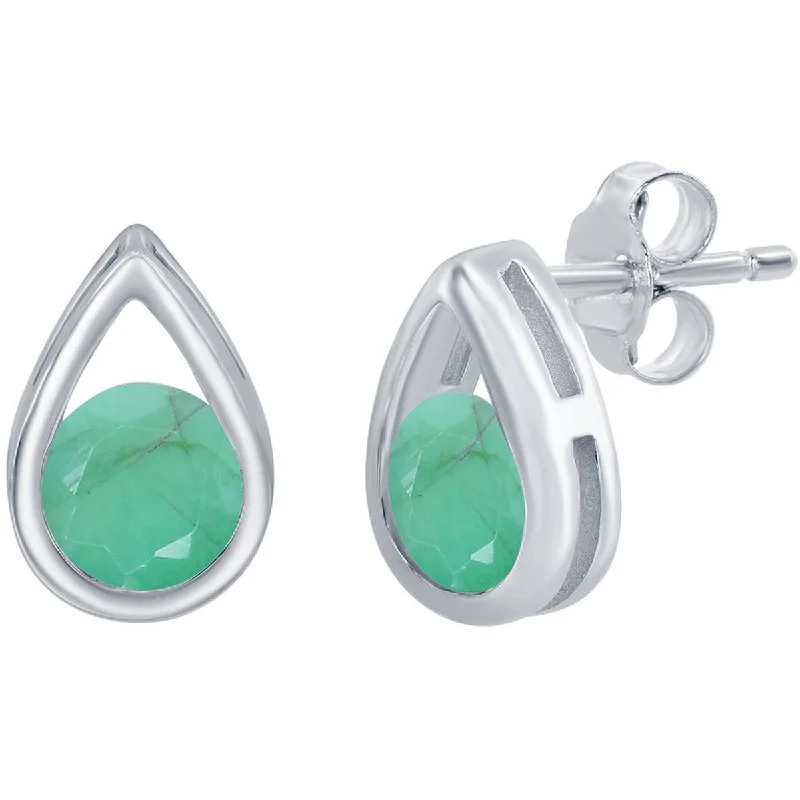 chain-link ladies earrings-Classic Women's Earrings - Silver Pearshaped with Round Emerald Gemstone Stud | D-8163