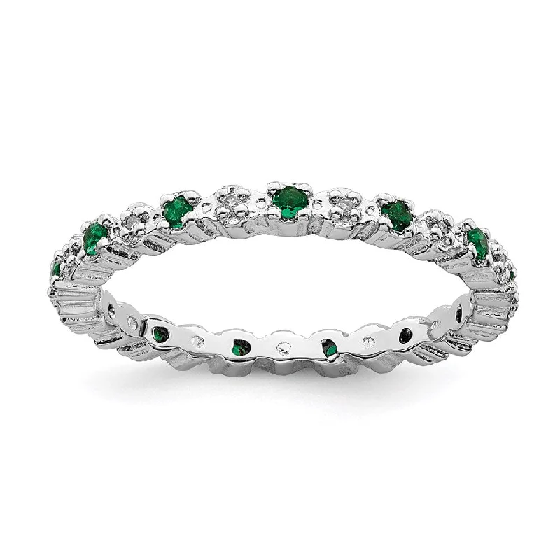 unique handcrafted engagement ring for women-Sterling Silver Stackable Expressions Cr. Emerald & Diamond Ring | QSK536