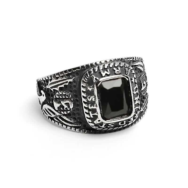 cluster setting ladies ring-United States Army Stainless Steel With Black Center Stone Women's Ring / MCR4056