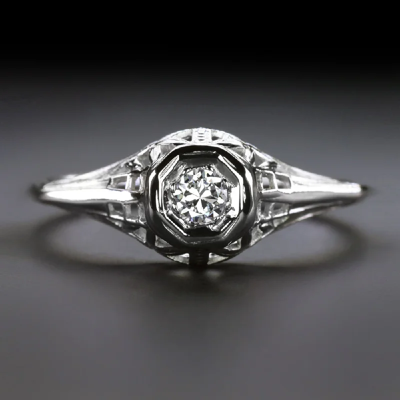 celestial orbit engagement ring for women-ART DECO DIAMOND RING OLD EUROPEAN CUT SOLITAIRE VINTAGE FILIGREE 14k WHITE GOLD